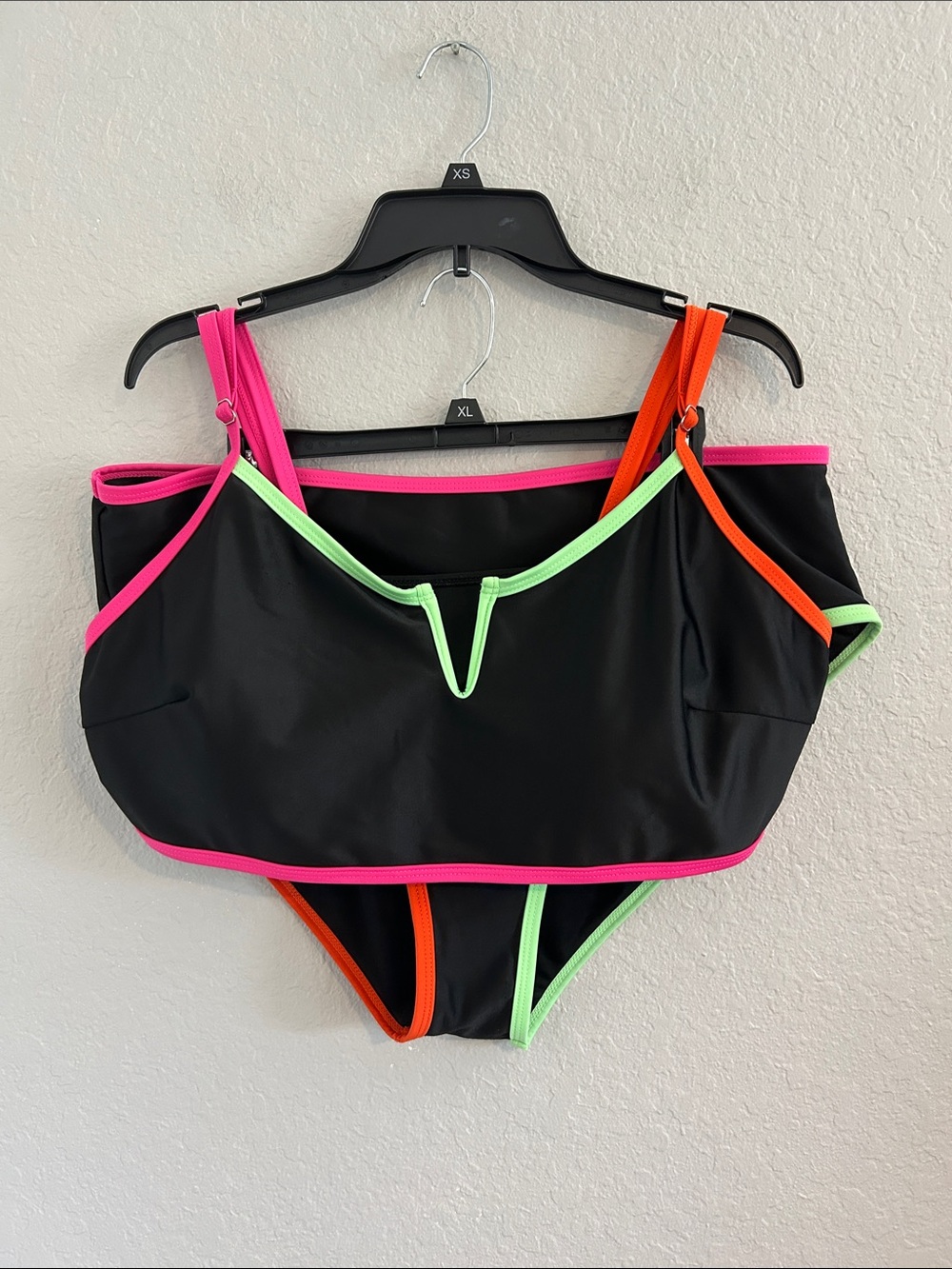 Black Bikini Set with Neon Trim - Pink, Green & Orange